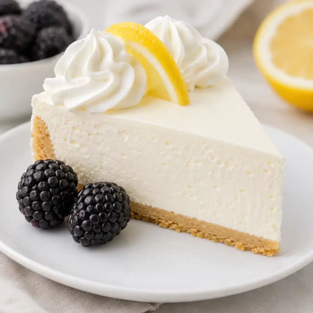 A slice of No-Bake Lemon Protein Cheesecake on a white plate, garnished with whipped cream, a lemon slice, and fresh blackberries.