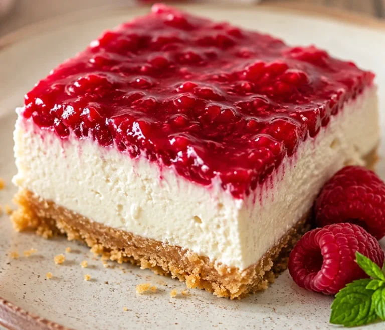 No-Bake Raspberry Protein Cheesecake topped with a vibrant raspberry layer on a crunchy graham cracker crust, served with fresh raspberries.