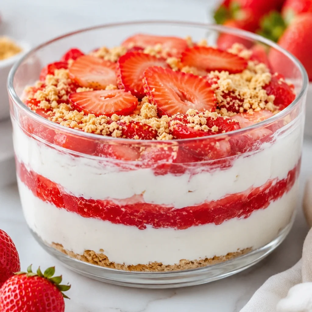 No-Bake Strawberry Protein Cheesecake layered in a glass bowl with creamy cheesecake filling, fresh strawberry sauce, graham cracker crust, and sliced strawberries on top.