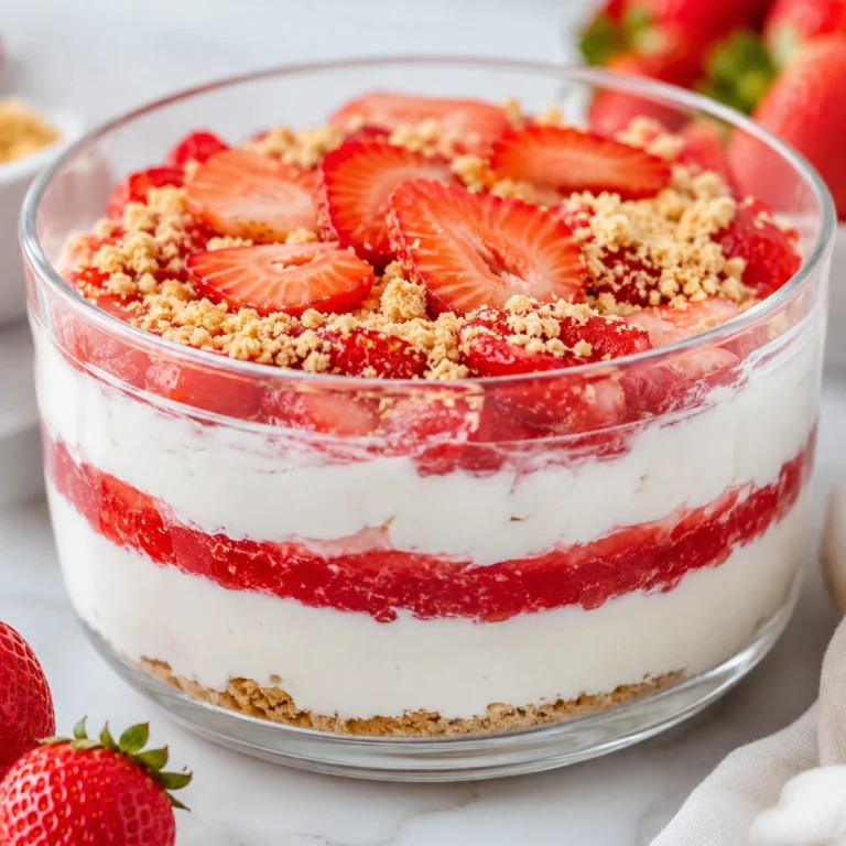 No-Bake Strawberry Protein Cheesecake layered in a glass bowl with creamy cheesecake filling, fresh strawberry sauce, graham cracker crust, and sliced strawberries on top.