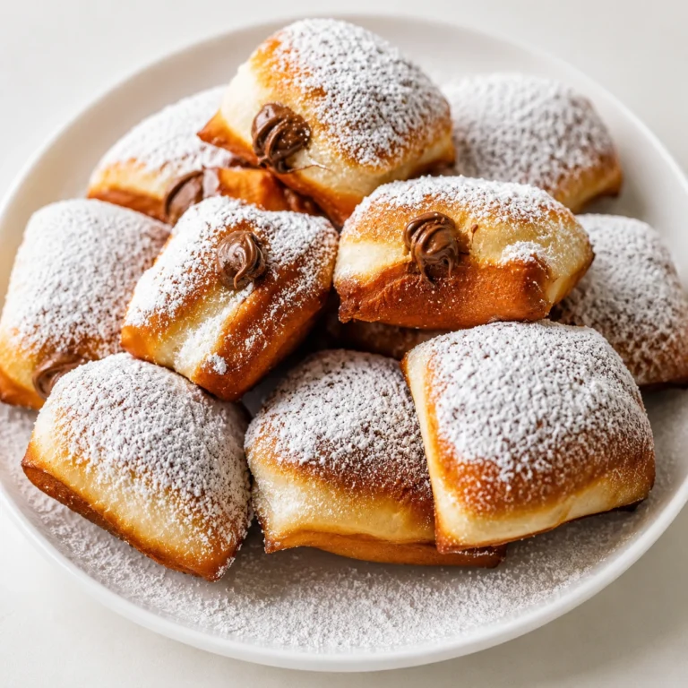Nutella Stuffed Beignets served on a white round plate, generously dusted with powdered sugar and filled with creamy Nutella chocolate spread.