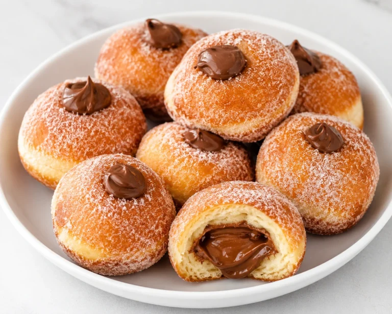 Nutella-Stuffed Bomboloni served on a white plate, featuring fluffy Italian sugar-coated donuts filled with creamy Nutella and a rich chocolate hazelnut center.