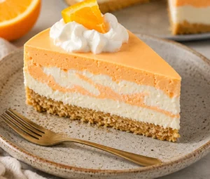 Slice of Orange Creamsicle Protein Cheesecake with a creamy orange and vanilla swirl filling, crunchy graham cracker crust, whipped topping, and fresh orange garnish served on a rustic plate.