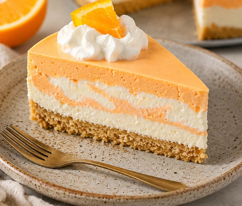 Slice of Orange Creamsicle Protein Cheesecake with a creamy orange and vanilla swirl filling, crunchy graham cracker crust, whipped topping, and fresh orange garnish served on a rustic plate.