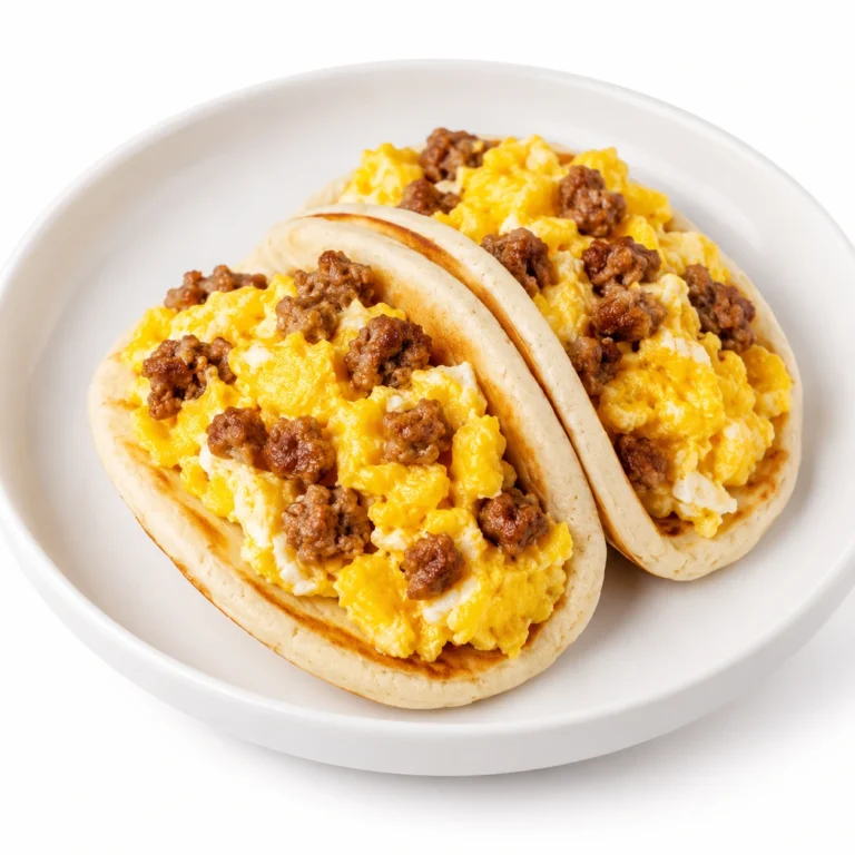 Pancake Tacos Recipe served in a white bowl with fluffy pancake shells filled with scrambled eggs and sausage, perfect for a quick breakfast.