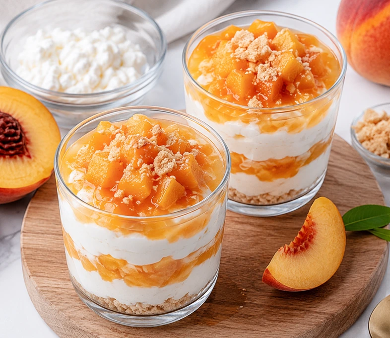 Peach Cottage Cheese Cheesecake Cups layered with creamy cottage cheese cheesecake filling, fresh peach chunks, and a crunchy cookie crumble base in glass dessert cups.