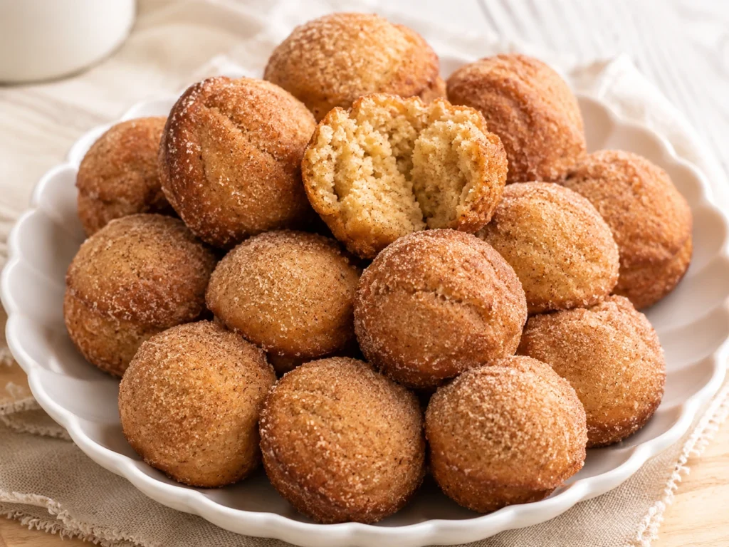 Peanut Butter Donut Holes coated in cinnamon sugar and served on a white scalloped plate, with a soft and fluffy interior visible in one donut hole.