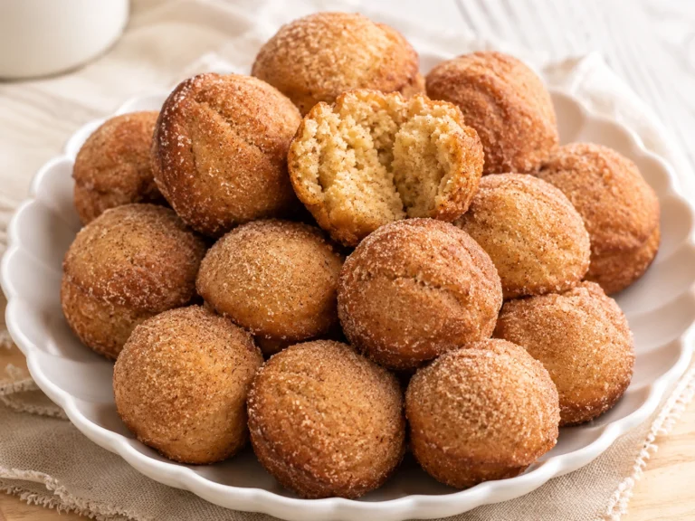 Peanut Butter Donut Holes coated in cinnamon sugar and served on a white scalloped plate, with a soft and fluffy interior visible in one donut hole.