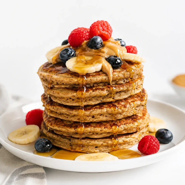 Peanut Butter Protein Pancakes stacked on a white plate with banana slices, fresh berries, peanut butter drizzle, and maple syrup.
