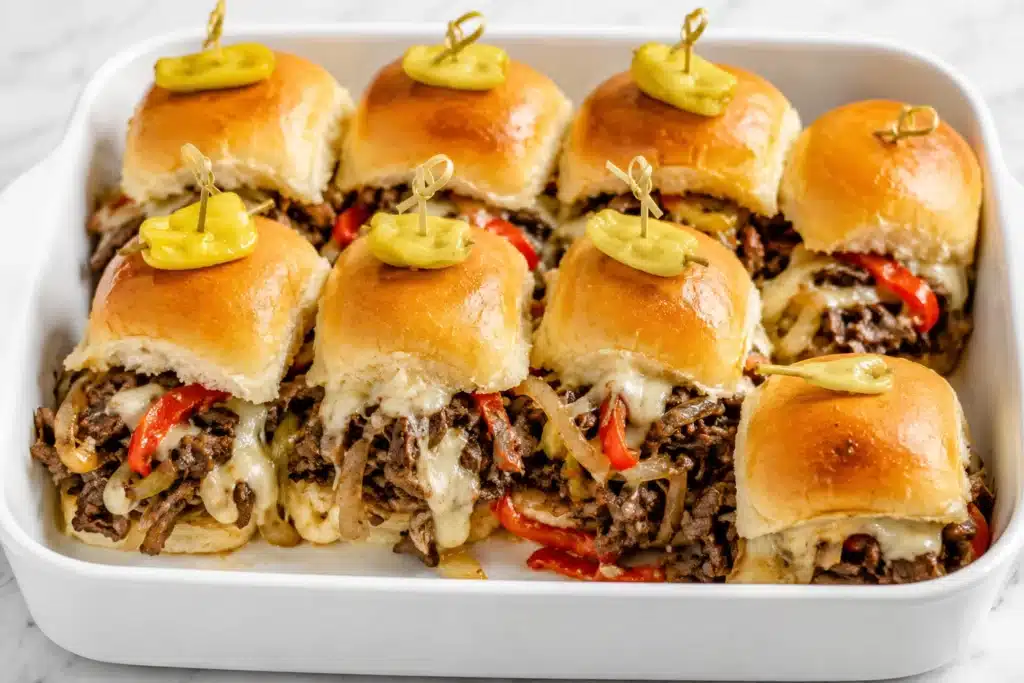 Philly Cheesesteak Sliders served in a white baking dish with melted cheese, tender beef, sautéed onions, sweet peppers, and soft golden slider buns.