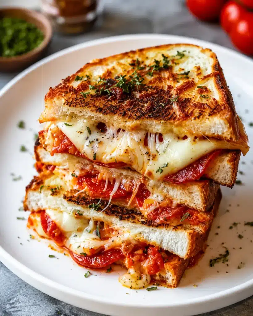 Pizza Grilled Cheese with Hidden Valley Ranch served on a white round plate with crispy golden bread, melted mozzarella cheese, pepperoni, pizza sauce, and fresh herbs.