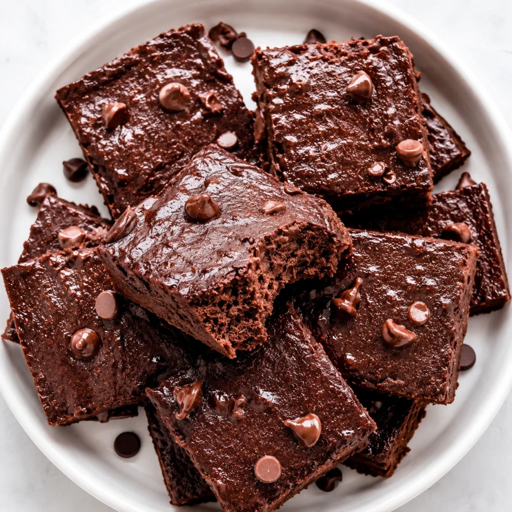 Protein Cottage Cheese Brownies stacked on a white round plate, topped with chocolate chips and featuring a rich, fudgy texture.