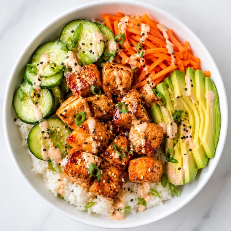 Salmon Protein Bowl served in a white bowl with glazed salmon cubes, avocado slices, cucumber, shredded carrots, rice, sesame seeds, and creamy sauce.