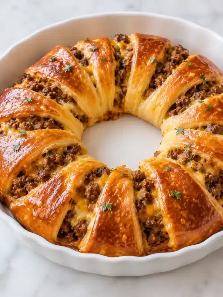 Golden Sausage and Cheese Crescent Ring baked until crispy and filled with savory sausage and melted cheese in a white baking dish.