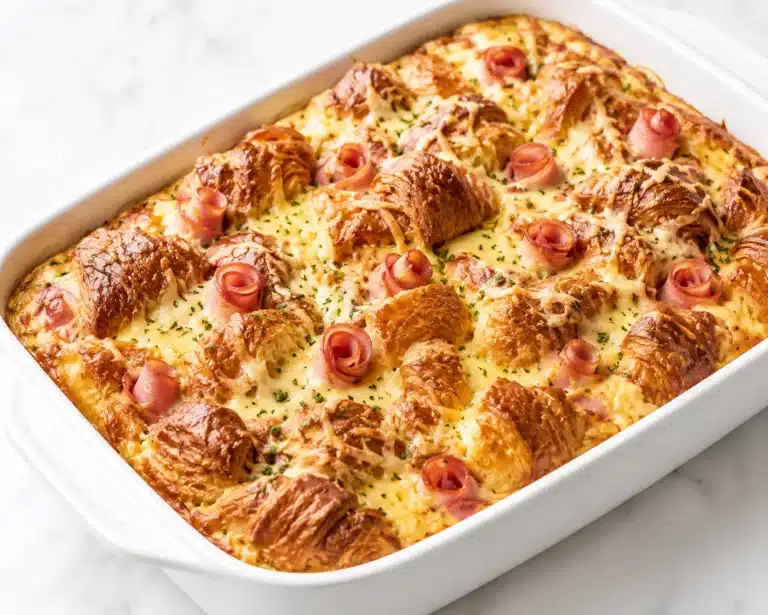 Savory Croissant Breakfast Bake with flaky croissants, melted cheese, and rolled ham baked in a white casserole dish.