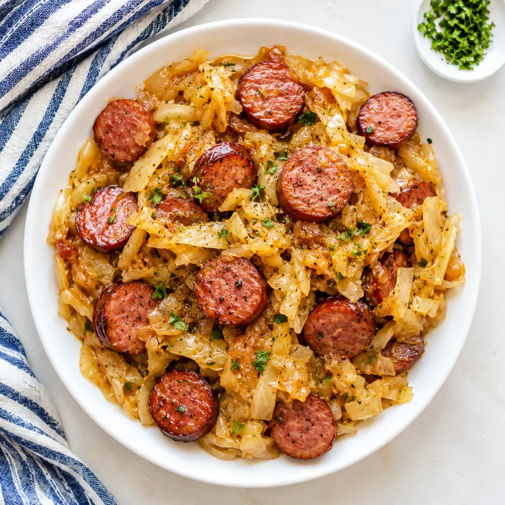 Smoked Kielbasa and Sauerkraut Recipe served in a white round bowl with sliced smoked sausage, tender sauerkraut, onions, and fresh parsley.