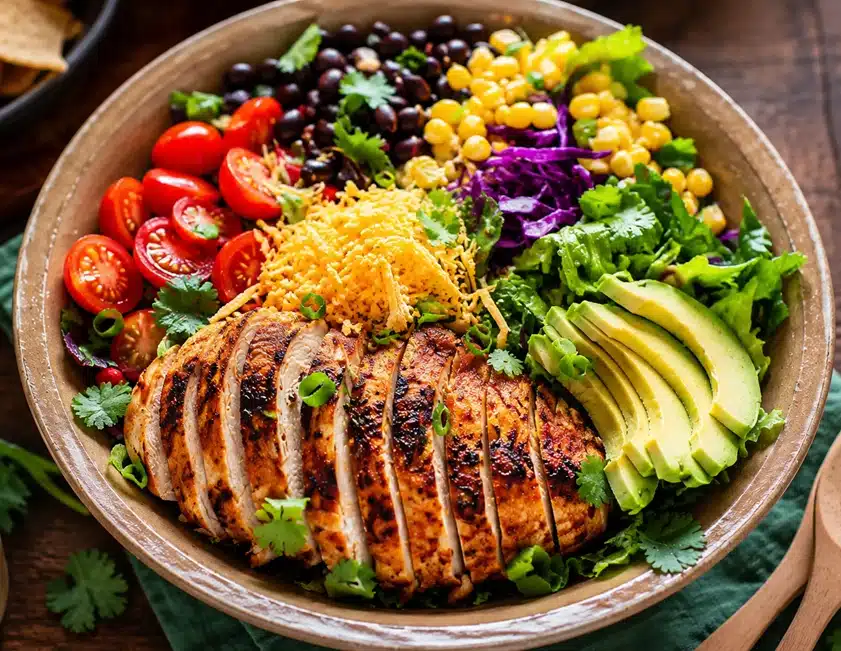 Southwest Chicken Protein Bowl with grilled chicken, avocado, black beans, corn, tomatoes, lettuce, and shredded cheese in a healthy protein-packed bowl.