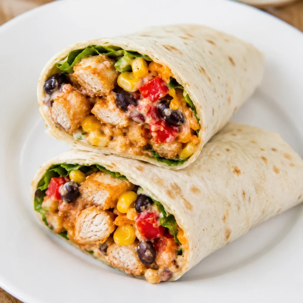 Southwest Chicken Wraps cut in half and served on a white plate, filled with seasoned chicken, black beans, corn, lettuce, red peppers, cheese, and creamy Southwest sauce.