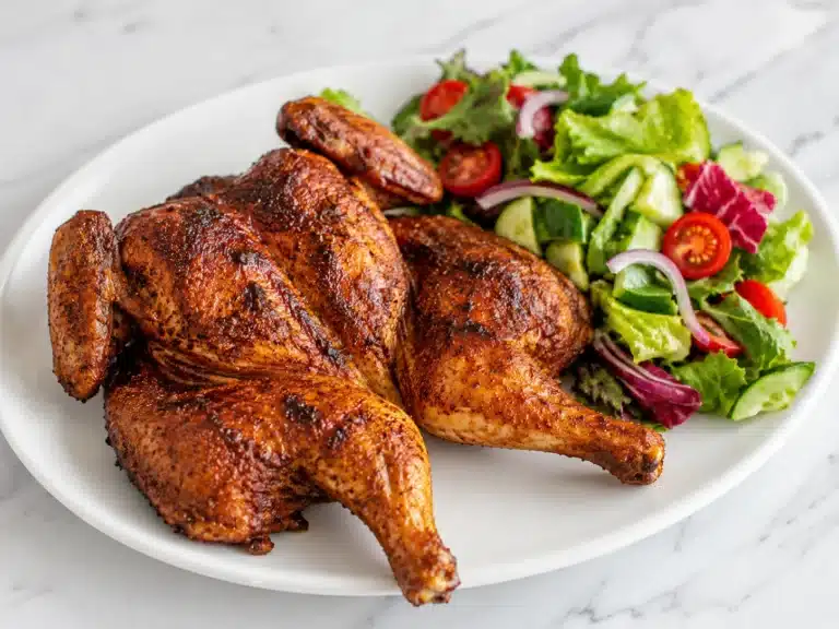 Juicy Spatchcock Chicken with crispy golden skin served on a white plate alongside a fresh garden salad with lettuce, cucumbers, cherry tomatoes, and red onions.