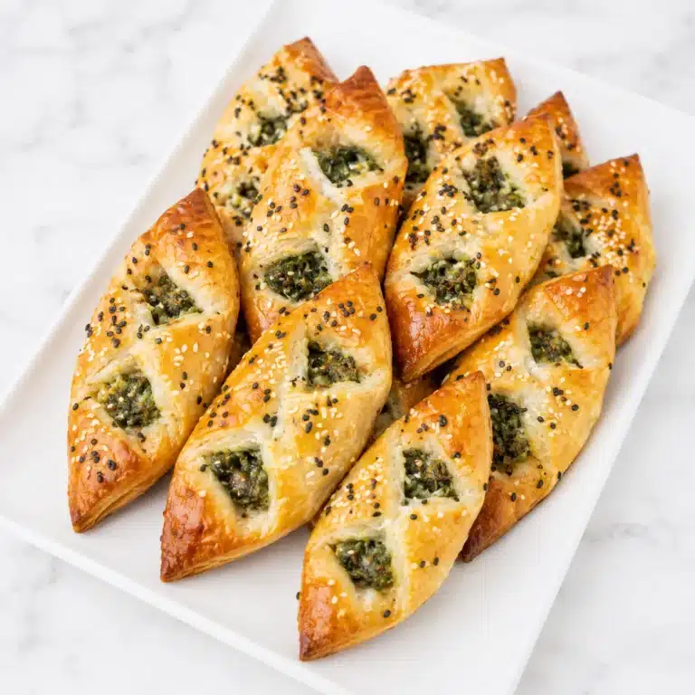Golden Spinach and Cheese Puff Pastries arranged on a white platter, topped with black and white sesame seeds and filled with a creamy spinach and cheese mixture.