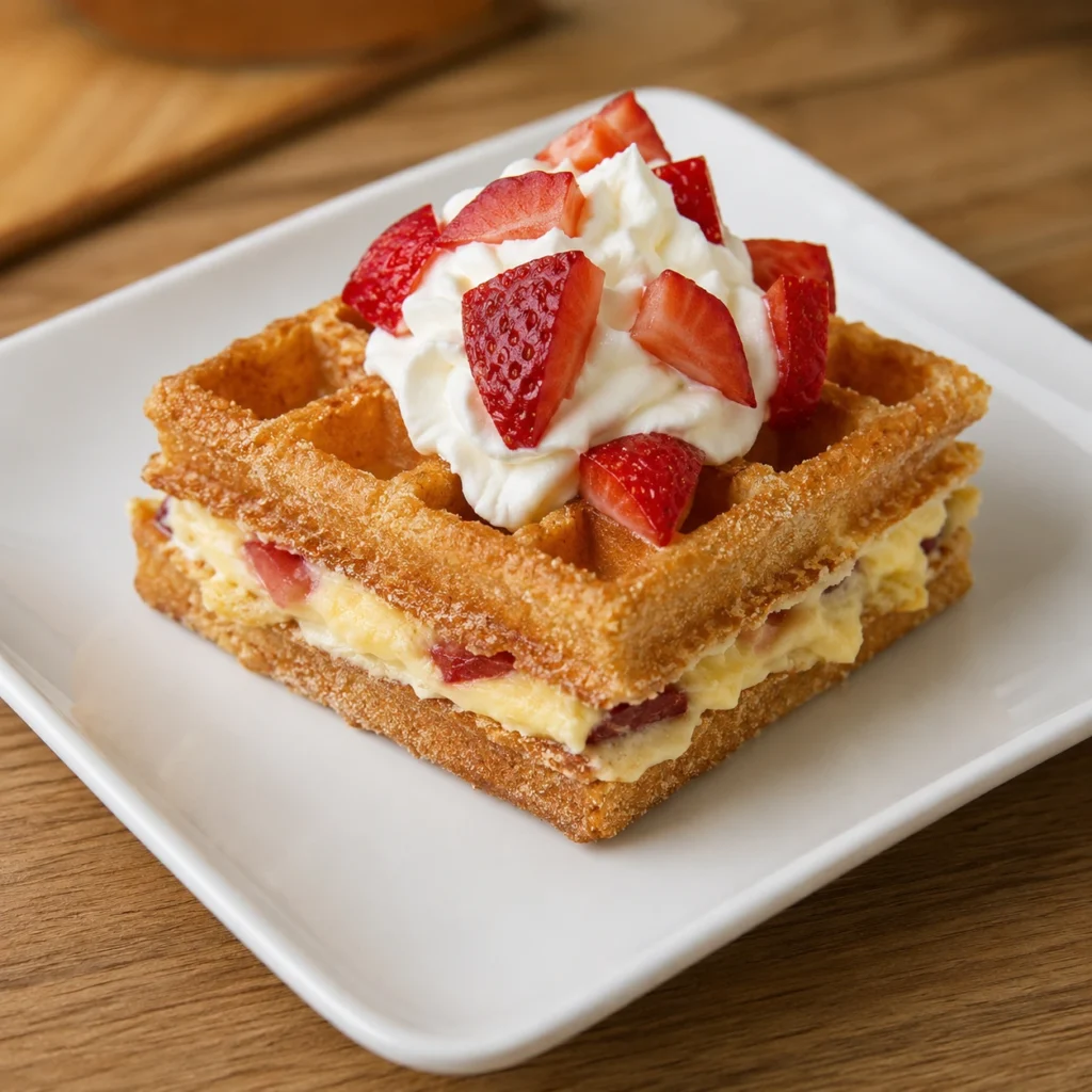 Strawberry Cheesecake Protein Waffles topped with whipped cream and fresh strawberries on a white plate, featuring a creamy high-protein cheesecake filling.
