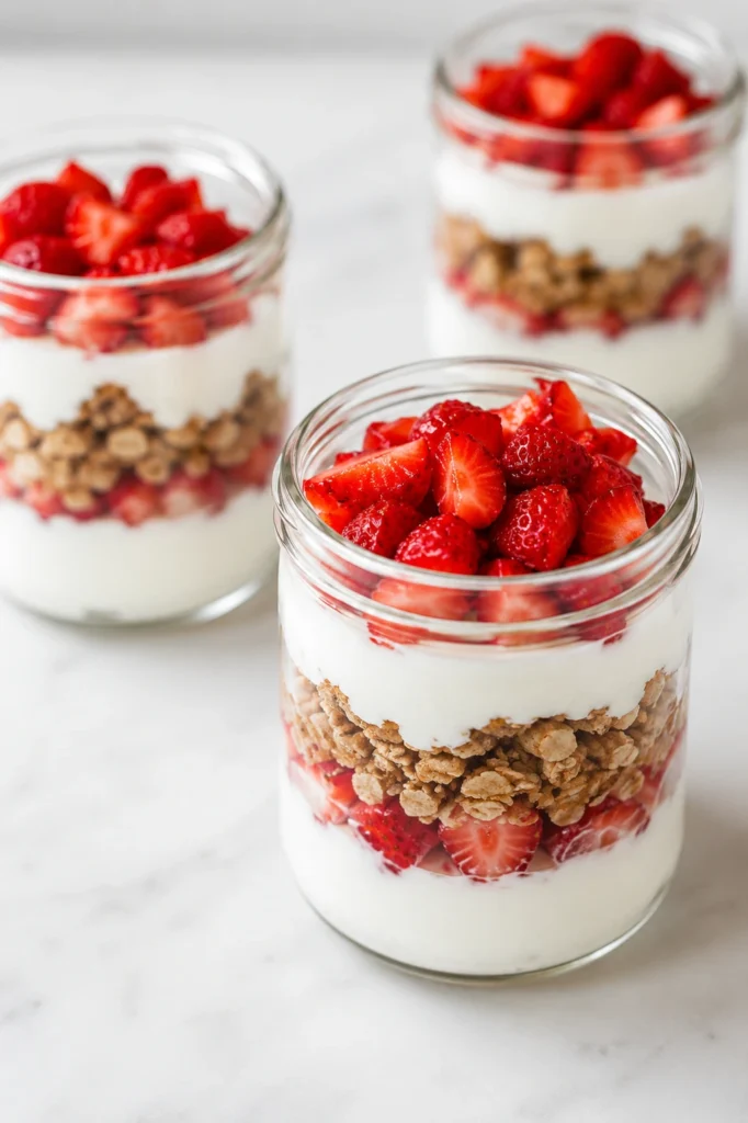 Strawberry Cottage Cheese Parfait layered with creamy cottage cheese, fresh strawberries, and crunchy granola in glass jars, creating a healthy high-protein breakfast or snack.