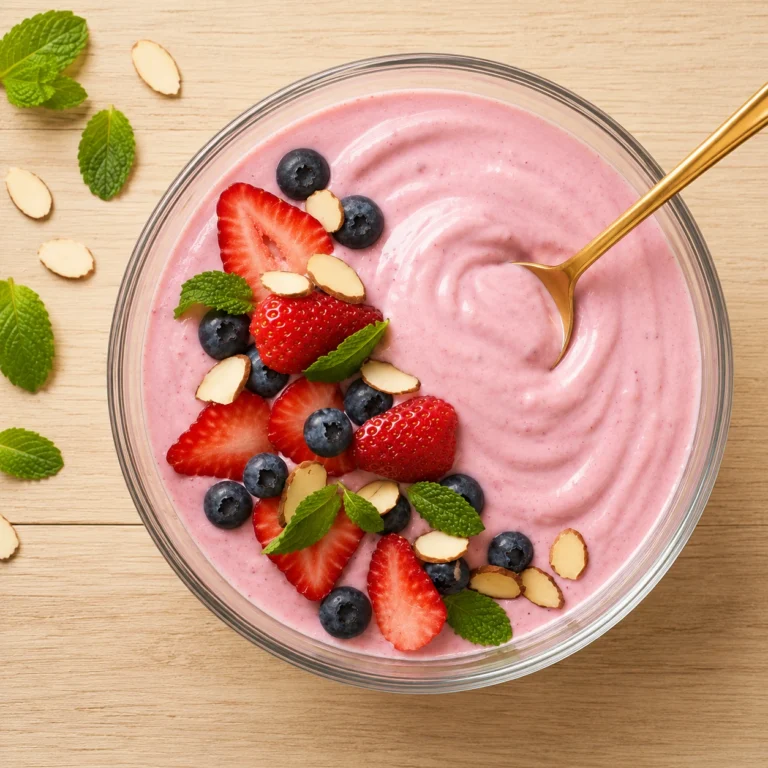 Strawberry Protein Pudding served in a clear glass bowl, topped with fresh strawberries, blueberries, sliced almonds, and mint leaves on a light wooden surface.