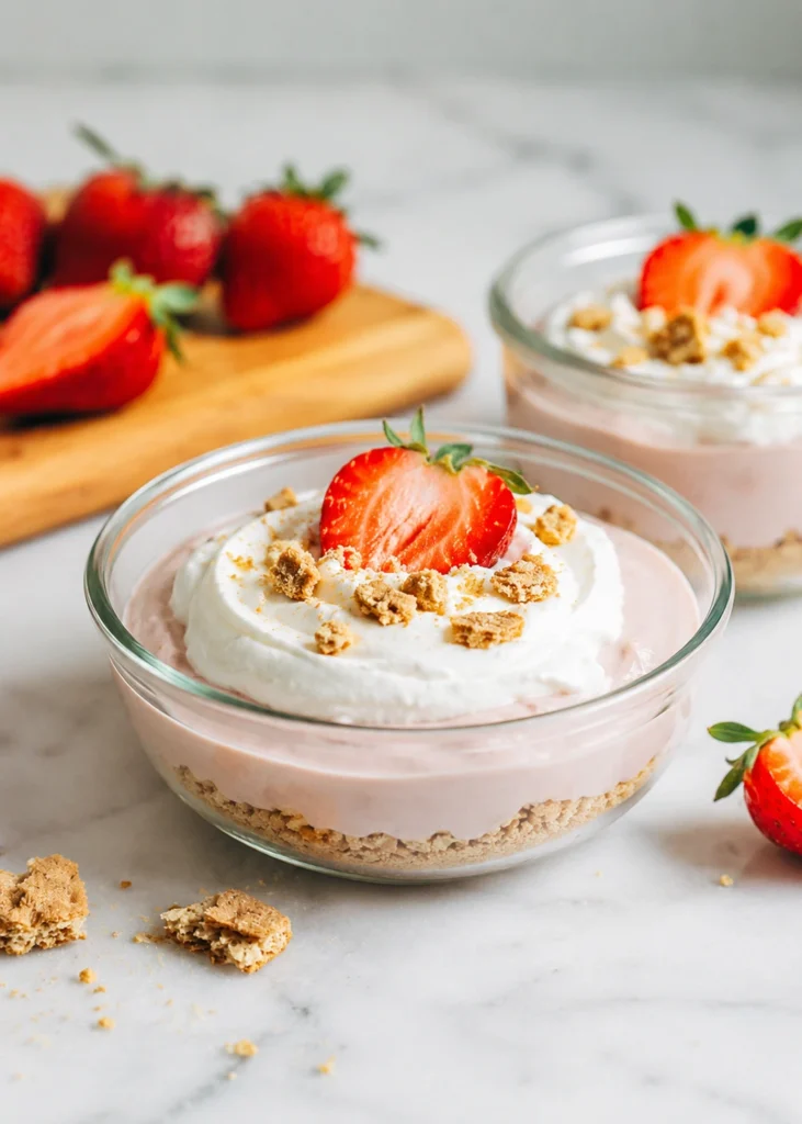 Creamy Strawberry Shortcake Protein Pudding served in a clear glass bowl with a crunchy cookie crumble base, whipped topping, and fresh strawberry garnish.