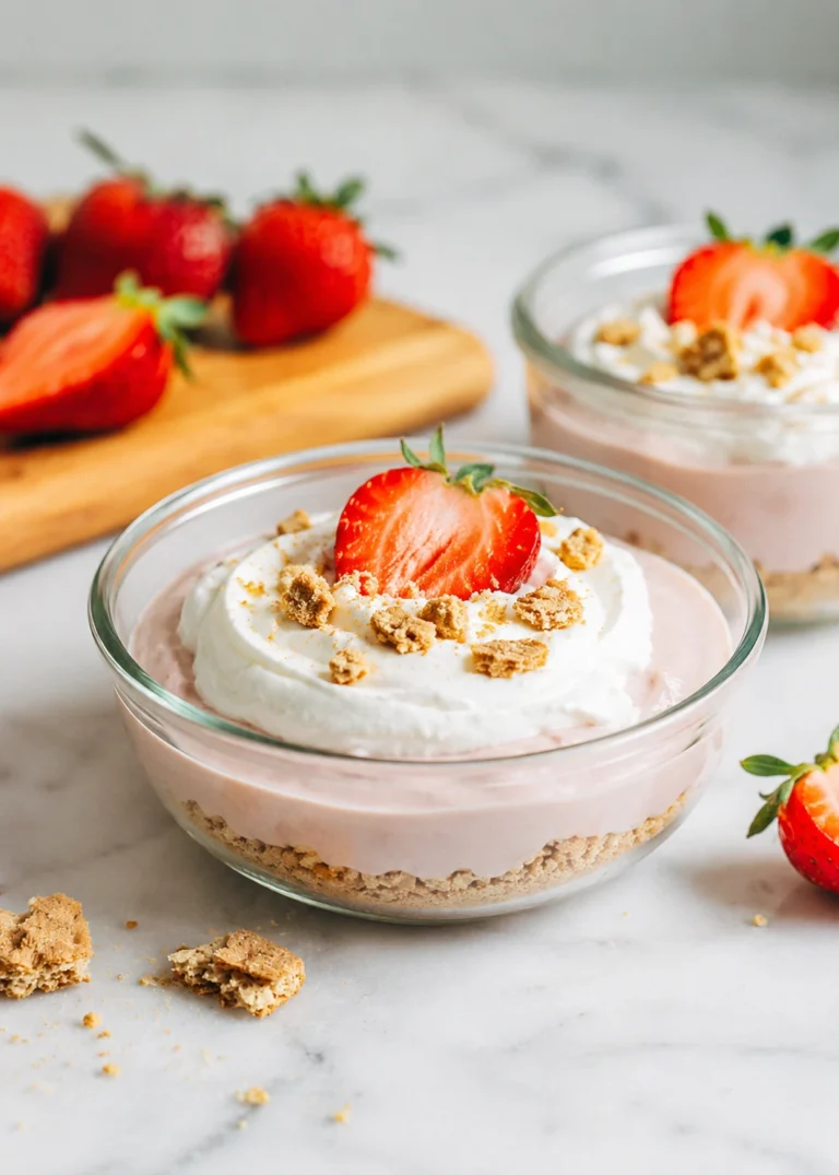 Creamy Strawberry Shortcake Protein Pudding served in a clear glass bowl with a crunchy cookie crumble base, whipped topping, and fresh strawberry garnish.