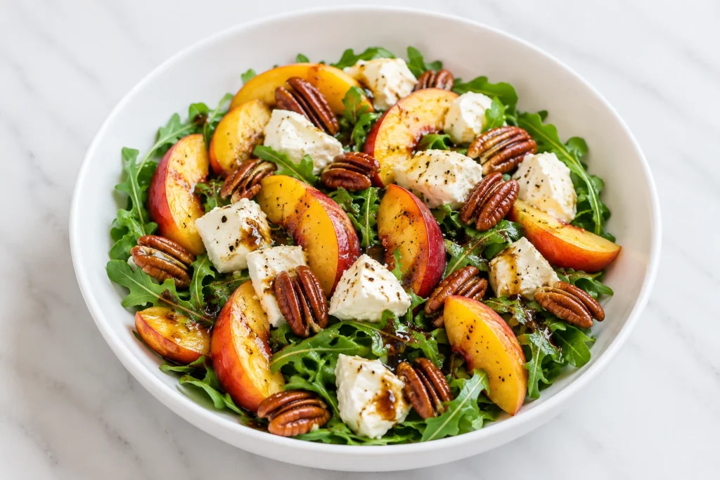 Summer Peach Salad Recipe served in a white bowl with fresh peach slices, goat cheese, pecans, arugula, and balsamic vinaigrette.