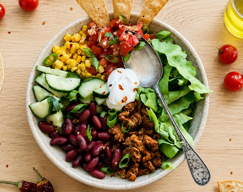 Tex-Mex Protein Bowl with seasoned protein, black beans, corn, cucumber, fresh greens, salsa, and creamy topping served in a bowl on a light wood surface.