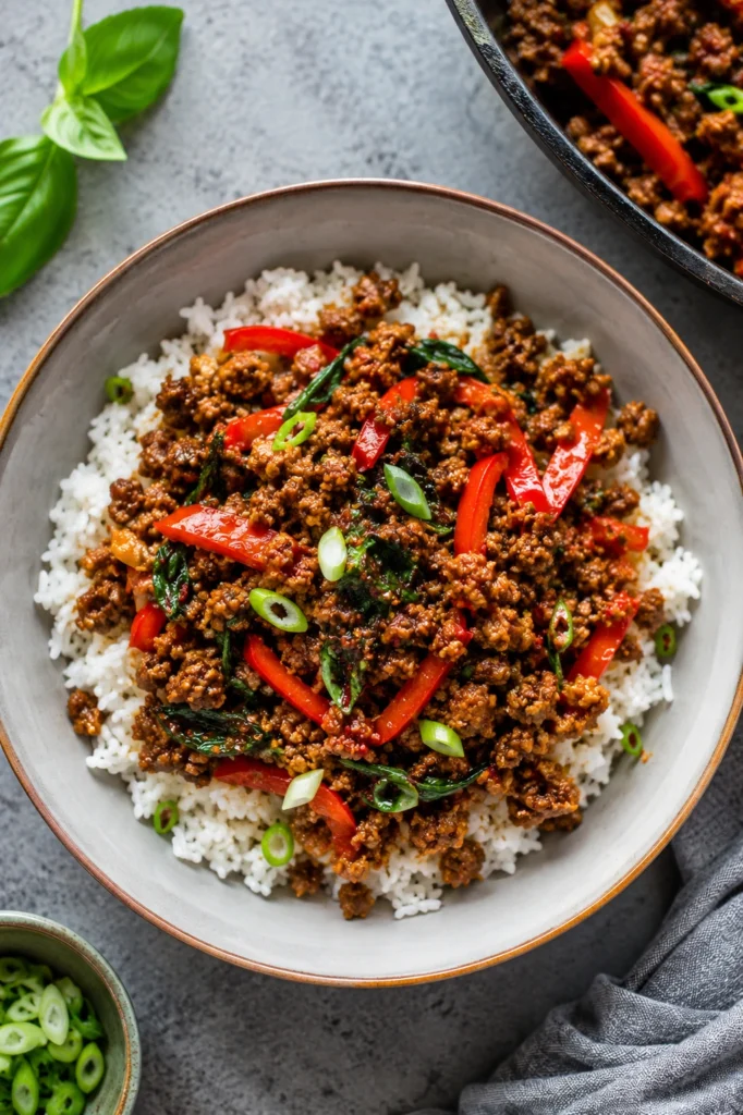 Thai Basil Ground Beef served over fluffy white rice in a ceramic bowl, topped with fresh basil, red peppers, and green onions for a quick and flavorful dinner.