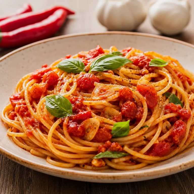 Tomato Garlic Pasta Recipe served in a rustic beige bowl with spaghetti, fresh tomatoes, garlic slices, and basil leaves.