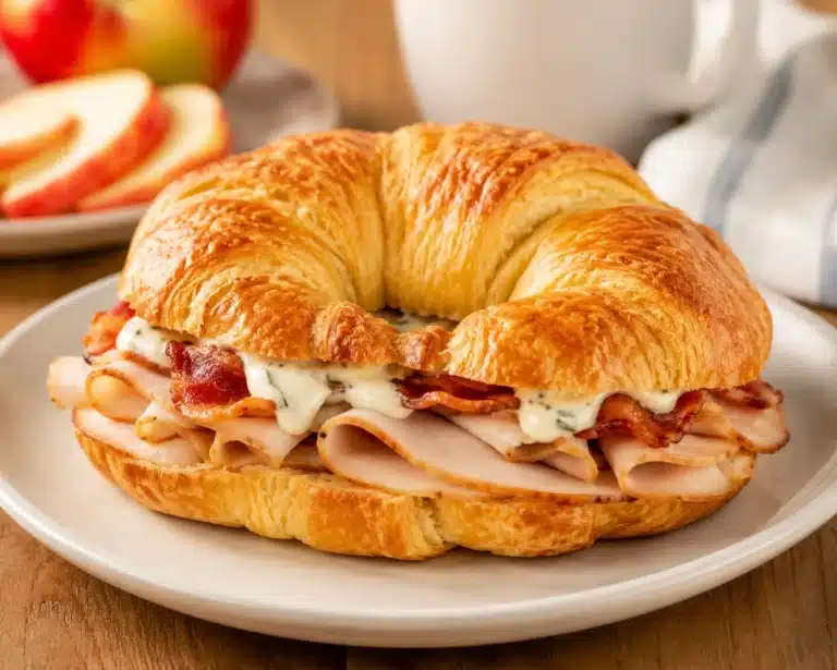 Turkey Bacon Ranch Croissants served on a white plate with flaky buttery croissants, sliced turkey, crispy bacon, and creamy ranch sauce.