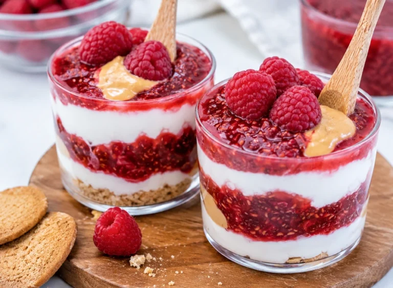 Vanilla Bean Protein Cheesecake Cups layered with creamy cheesecake filling, raspberry topping, cookie crumbs, and fresh raspberries in clear glass dessert cups.