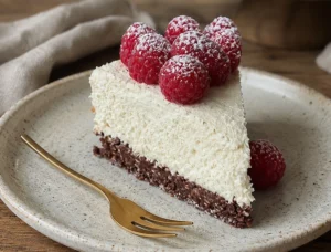 Slice of Vanilla Protein Cheesecake topped with fresh raspberries and powdered sugar on a ceramic plate, featuring a creamy high-protein filling and chocolate crust.