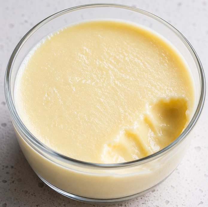 Creamy Vanilla Protein Pudding served in a clear glass bowl with a smooth, silky texture and rich vanilla flavor.