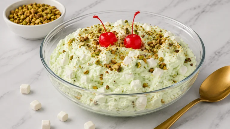 Creamy Watergate Salad (Pistachio Fluff) served in a clear glass bowl and topped with chopped pistachios, mini marshmallows, and maraschino cherries.