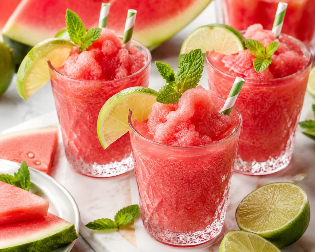 Refreshing Watermelon Lime Slushie (Low Carb) served in elegant crystal glasses with fresh lime slices, mint leaves, and juicy watermelon, creating a vibrant sugar-free summer drink.