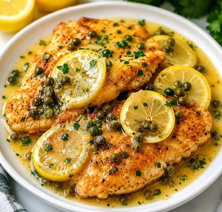 Easy Weeknight Chicken Piccata in the Stanley Tucci Essential Pan in the Stanley Tucci Essential Pan featuring golden chicken cutlets in a lemon butter sauce with capers and fresh parsley served on a white plate.