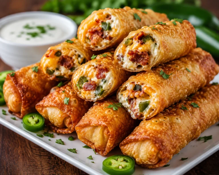 Crispy Bacon Jalapeno Popper Eggrolls filled with creamy cheese, smoky bacon, and diced jalapeños, served on a white platter with dipping sauce.