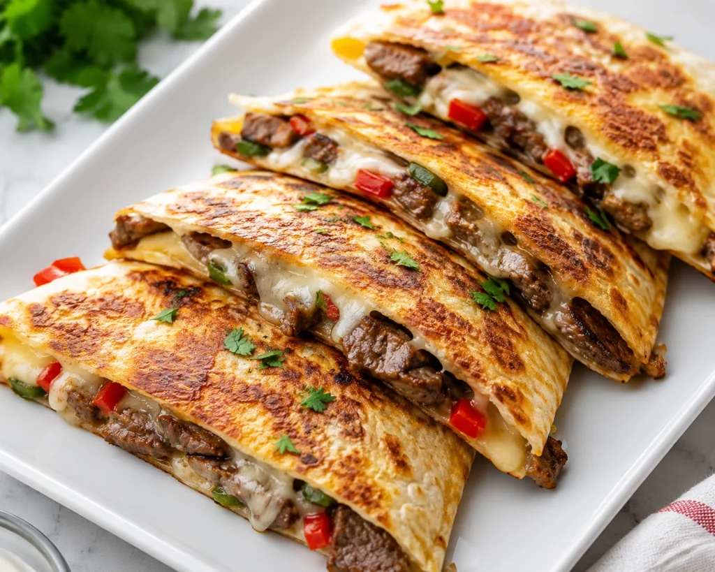 Cheesy Philly Cheese Steak Quesadillas stacked on a white plate with melted cheese, tender steak strips, bell peppers, and crispy golden tortillas.