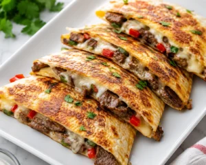 Cheesy Philly Cheese Steak Quesadillas stacked on a white plate with melted cheese, tender steak strips, bell peppers, and crispy golden tortillas.