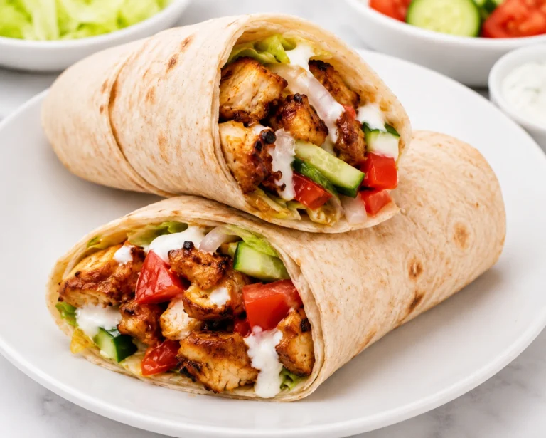 Easy Chicken Shawarma Recipe served in soft wraps on a white plate with juicy spiced chicken, fresh cucumber, tomatoes, lettuce, and creamy garlic yogurt sauce.