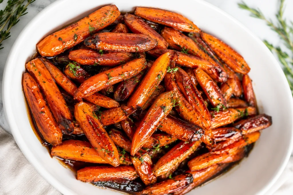 Honey Balsamic Roasted Carrots served in a white dish, featuring tender caramelized carrots glazed with a sweet balsamic honey sauce and garnished with fresh herbs.