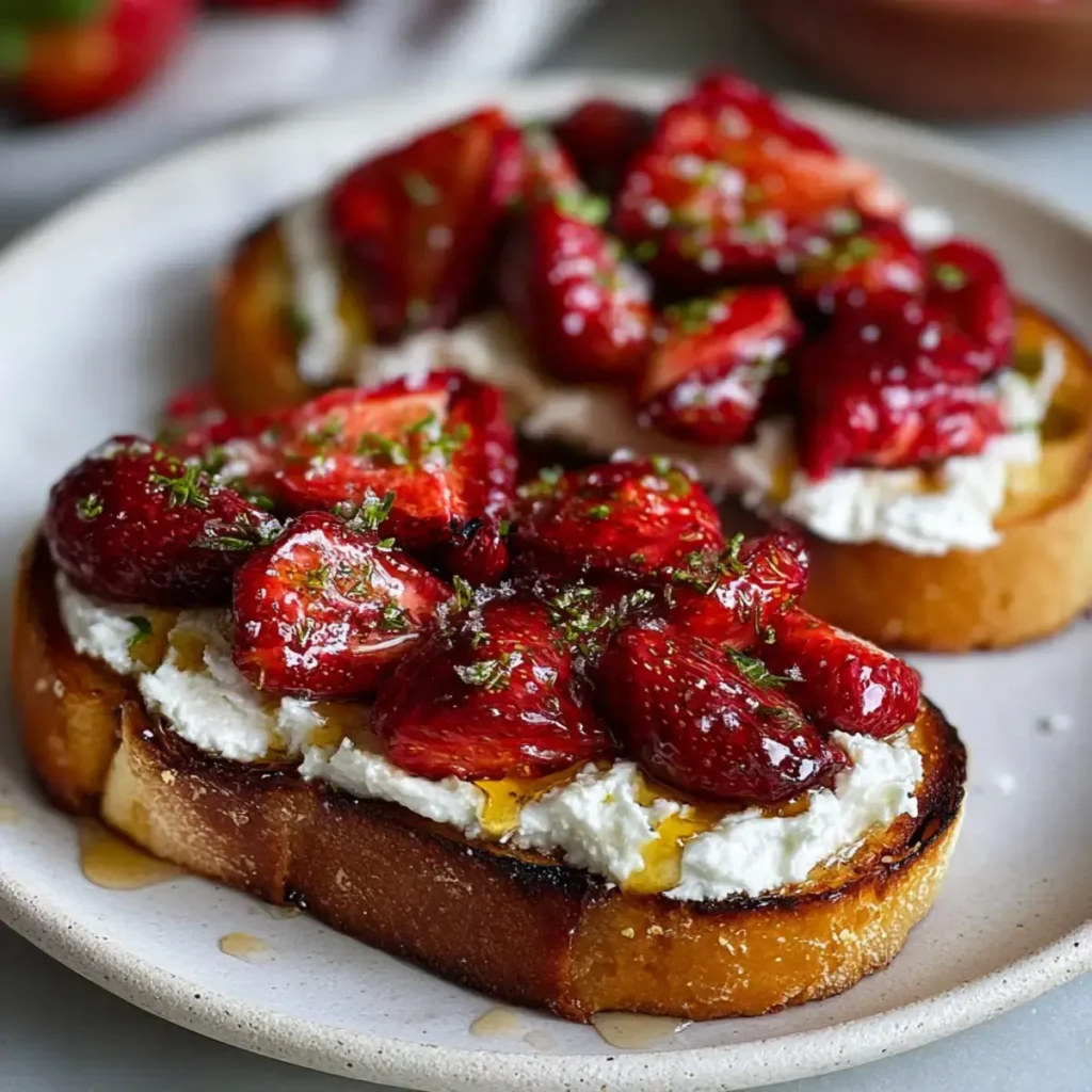 Roasted Strawberry Whipped Ricotta Toast served on a rustic ceramic plate, topped with creamy whipped ricotta, roasted strawberries, honey drizzle, and fresh herbs.