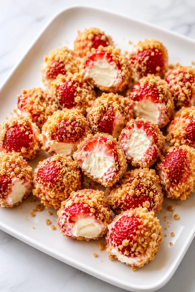 Strawberry Cheesecake Crunch Bites on a white plate, featuring fresh strawberries stuffed with creamy cheesecake filling and coated in crunchy graham cracker crumbs.