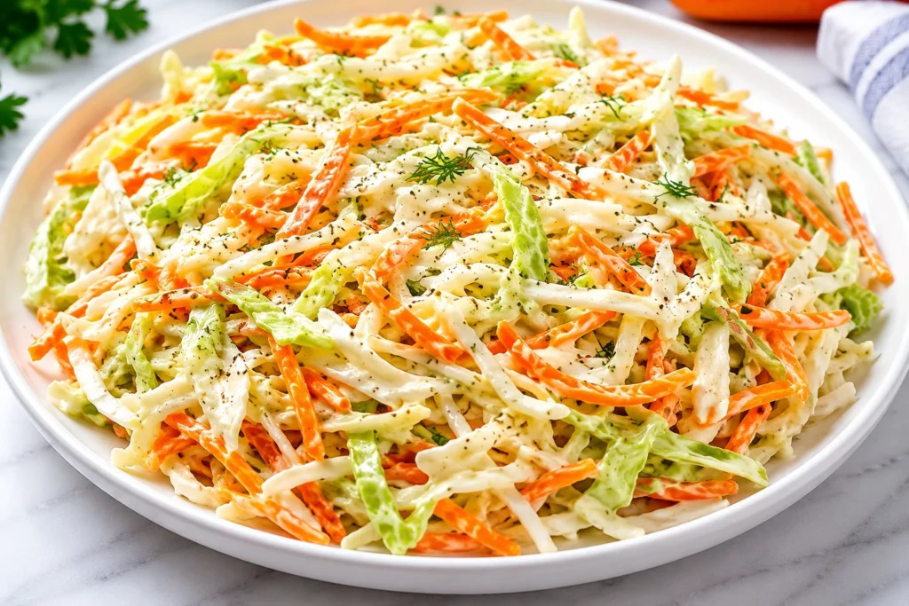 Sweet and Spicy Pickle Slaw served on a white plate with shredded cabbage, carrots, creamy dressing, fresh herbs, and tangy pickle flavors.
