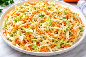 Sweet and Spicy Pickle Slaw served on a white plate with shredded cabbage, carrots, creamy dressing, fresh herbs, and tangy pickle flavors.