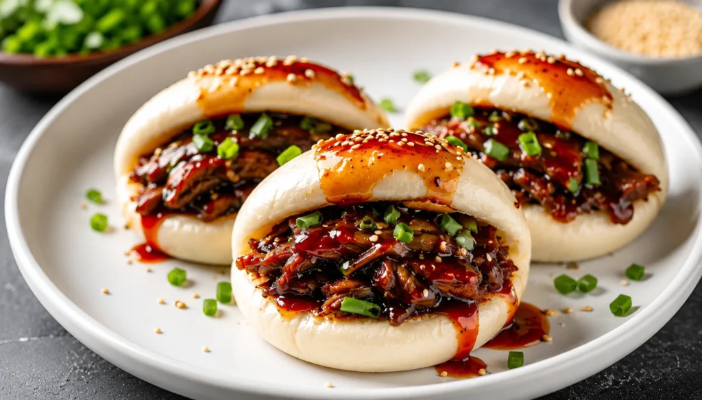Tender beef bao buns served on a white plate, filled with juicy shredded beef, savory glaze, green onions, and sesame seeds.